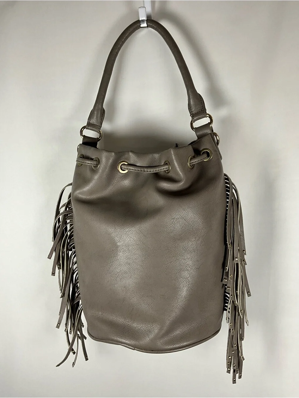 BCBG Paris Bucket Bag Taupe Fringe Drawstring Hobo Bag